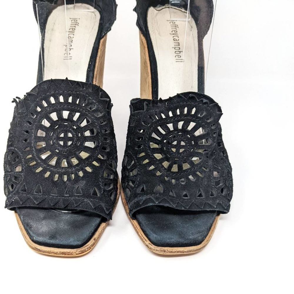 Jeffrey Campbell Womens 10 Del Sol Black Ankle Strap Open Toe Wedge Wood Sandals - Picture 6 of 11